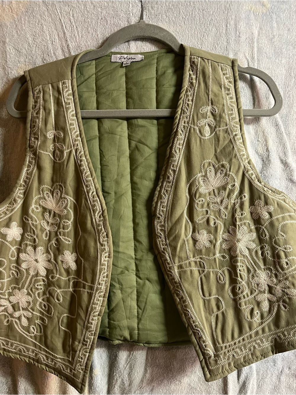 Polagram Olive Green Embroidered Quilted Vest